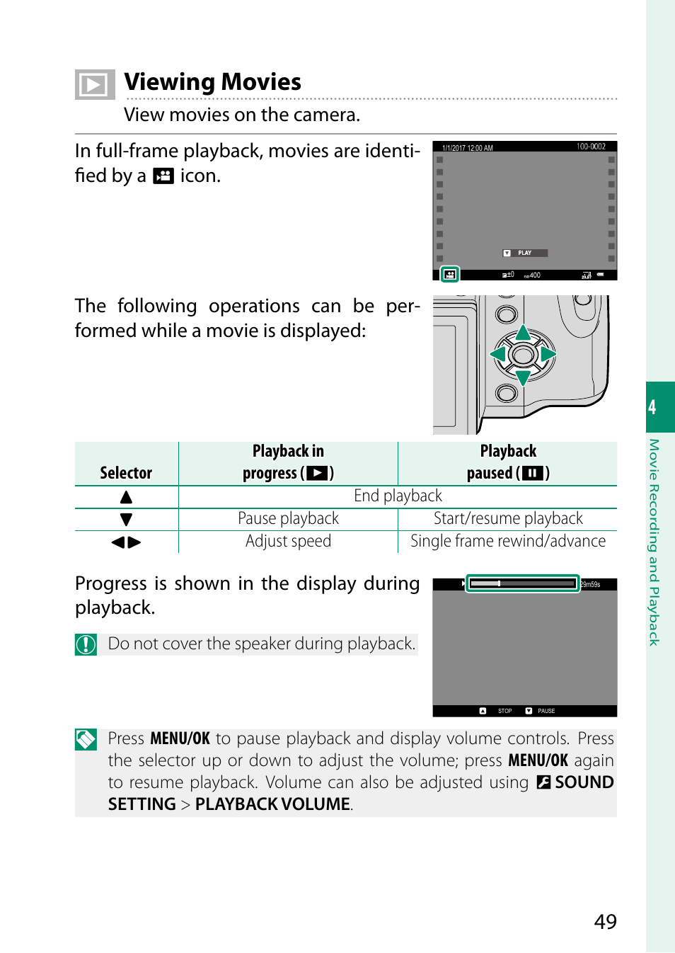 Viewing movies, Progress is shown in the display during playback | FujiFilm GFX 50S User Manual | Page 67 / 268