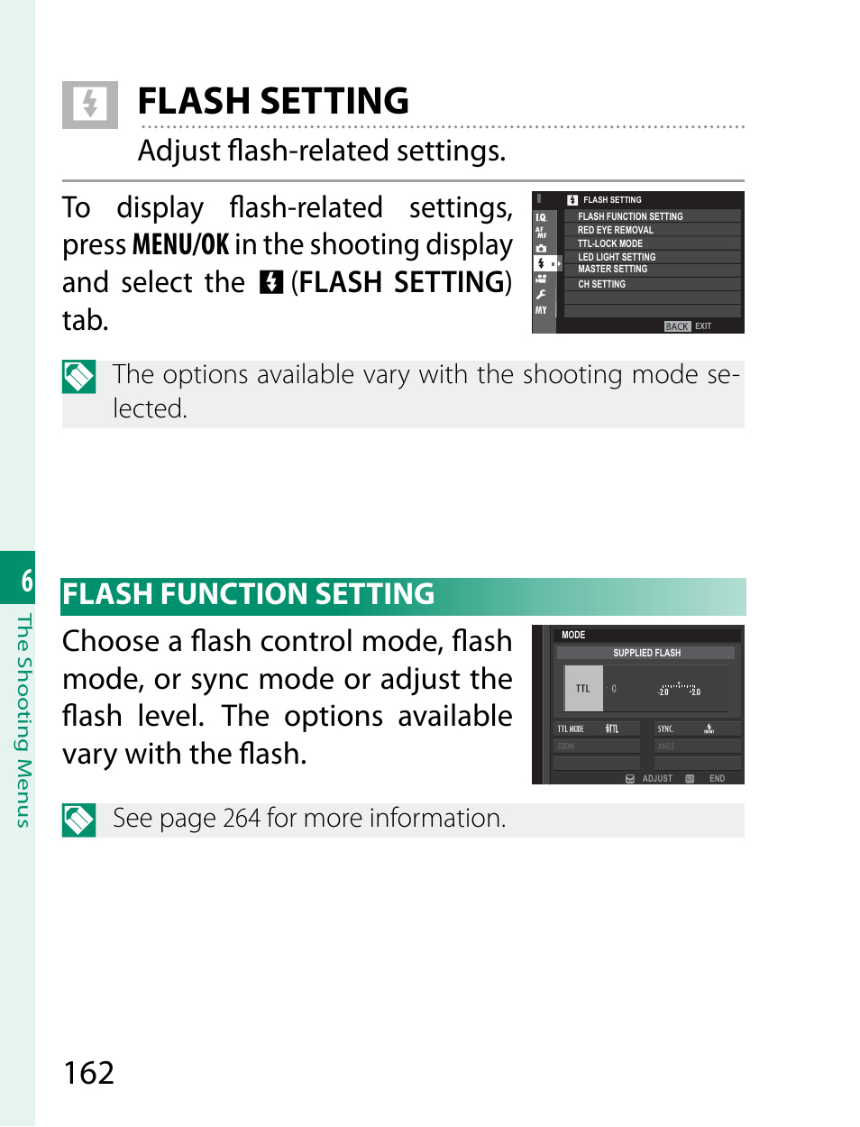 Flash setting, See page 264 for more information | FujiFilm X-T2 User Manual | Page 184 / 368