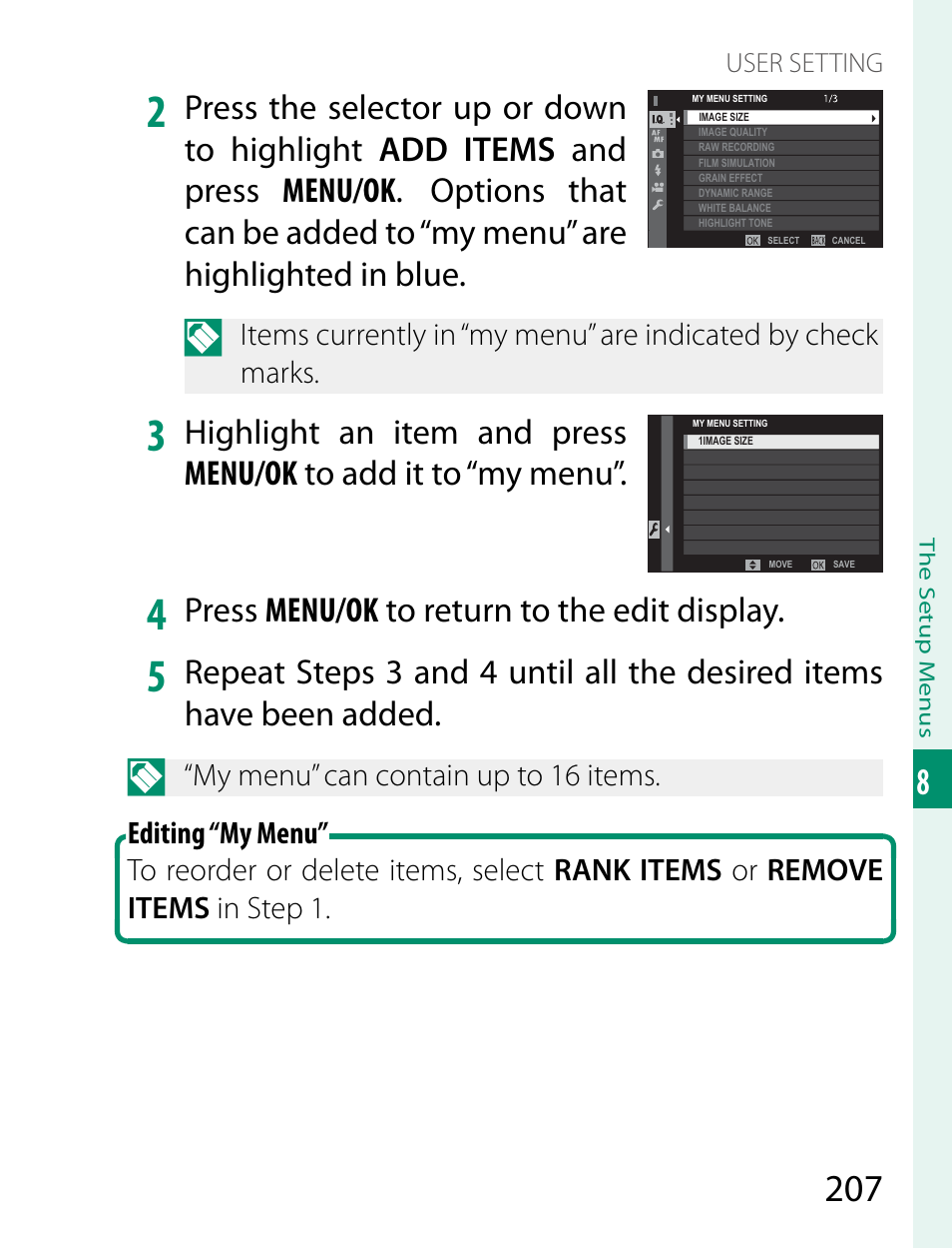 Press menu/ok to return to the edit display | FujiFilm X-T2 User Manual | Page 229 / 368