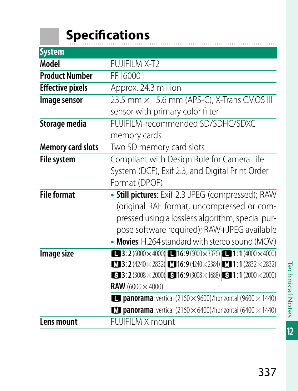 Specifi cations | FujiFilm X-T2 User Manual | Page 359 / 368