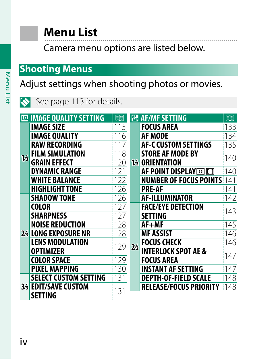 Menu list | FujiFilm X-T2 User Manual | Page 4 / 368