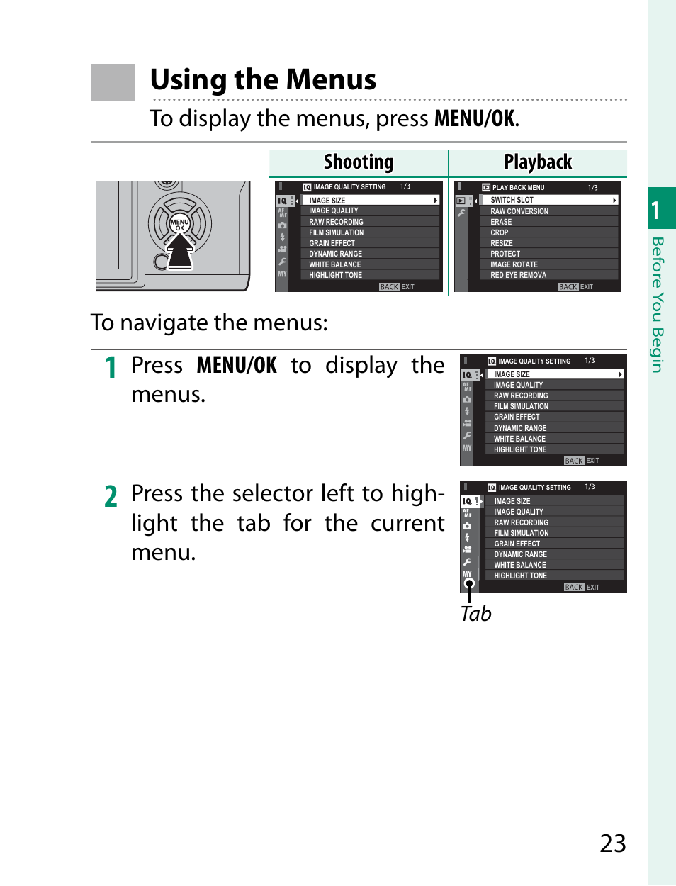 Using the menus, Press menu/ok to display the menus, Shooting | Shooting playback playback | FujiFilm X-T2 User Manual | Page 45 / 368