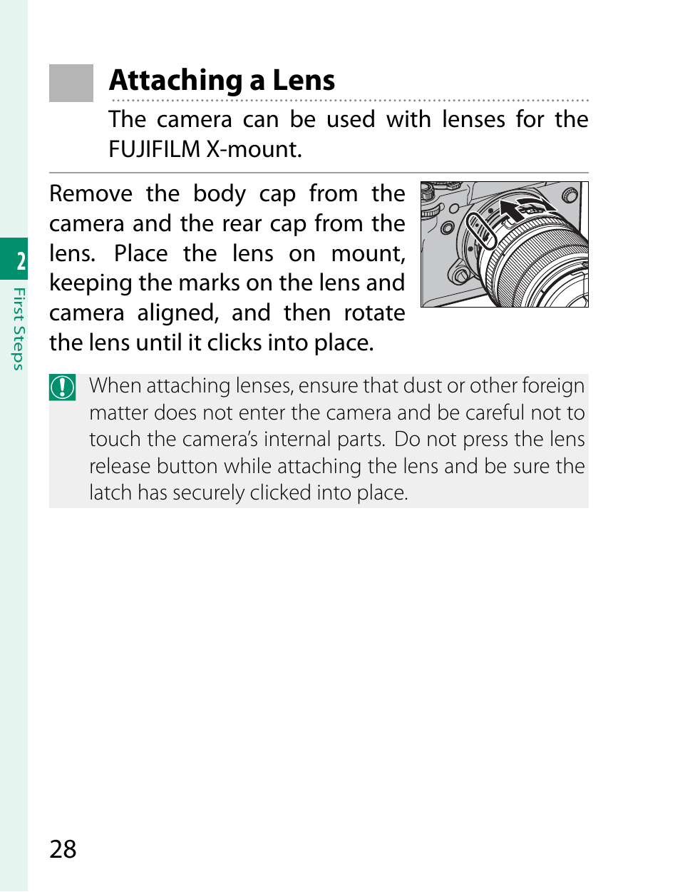 Attaching a lens | FujiFilm X-T2 User Manual | Page 50 / 368