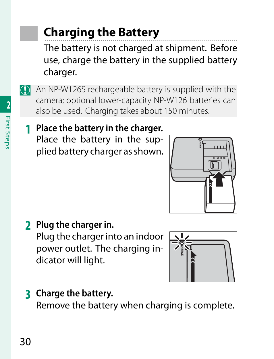 Charging the battery | FujiFilm X-T2 User Manual | Page 52 / 368