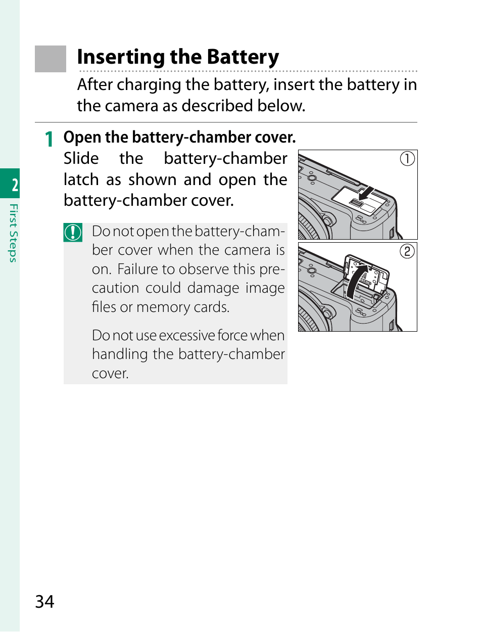 Inserting the battery | FujiFilm X-T2 User Manual | Page 56 / 368