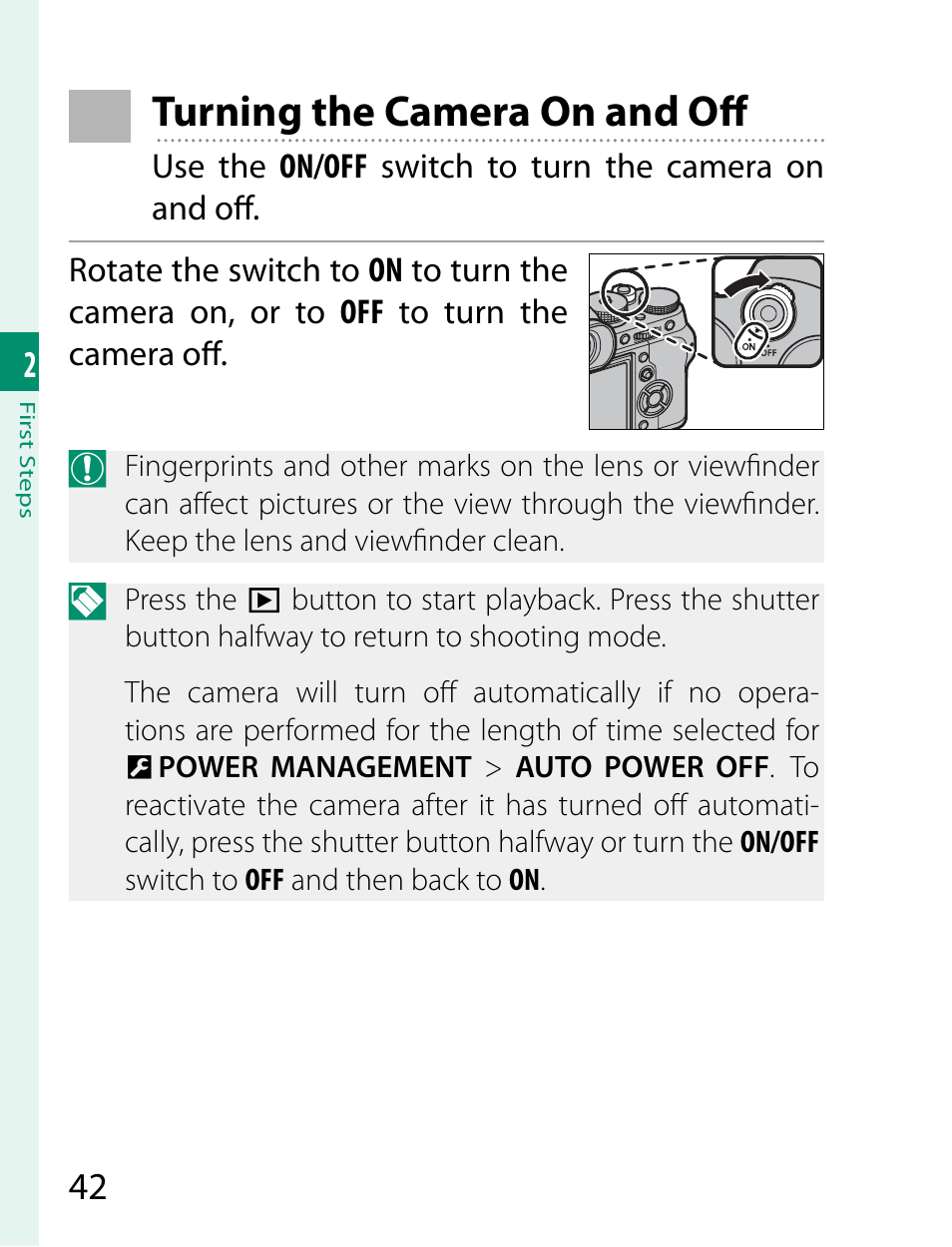 Turning the camera on and off | FujiFilm X-T2 User Manual | Page 64 / 368