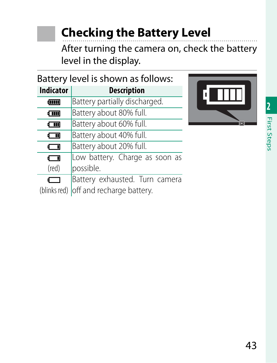 Checking the battery level | FujiFilm X-T2 User Manual | Page 65 / 368