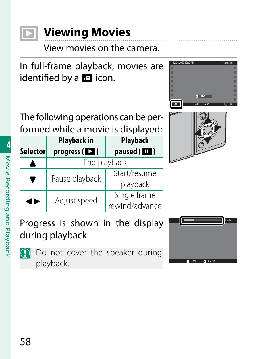 Viewing movies, Progress is shown in the display during playback | FujiFilm X-T2 User Manual | Page 80 / 368