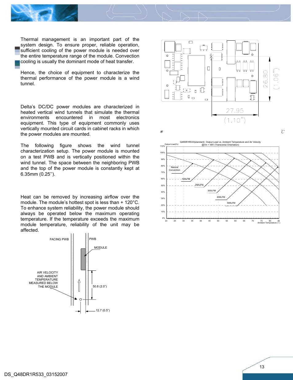 Thermal considerations, Thermal curves, Thermal testing setup | Thermal derating, Figure 26: wind tunnel test setup, 48v(transverse orientation) | Delta Electronics Q48DR User Manual | Page 12 / 14
