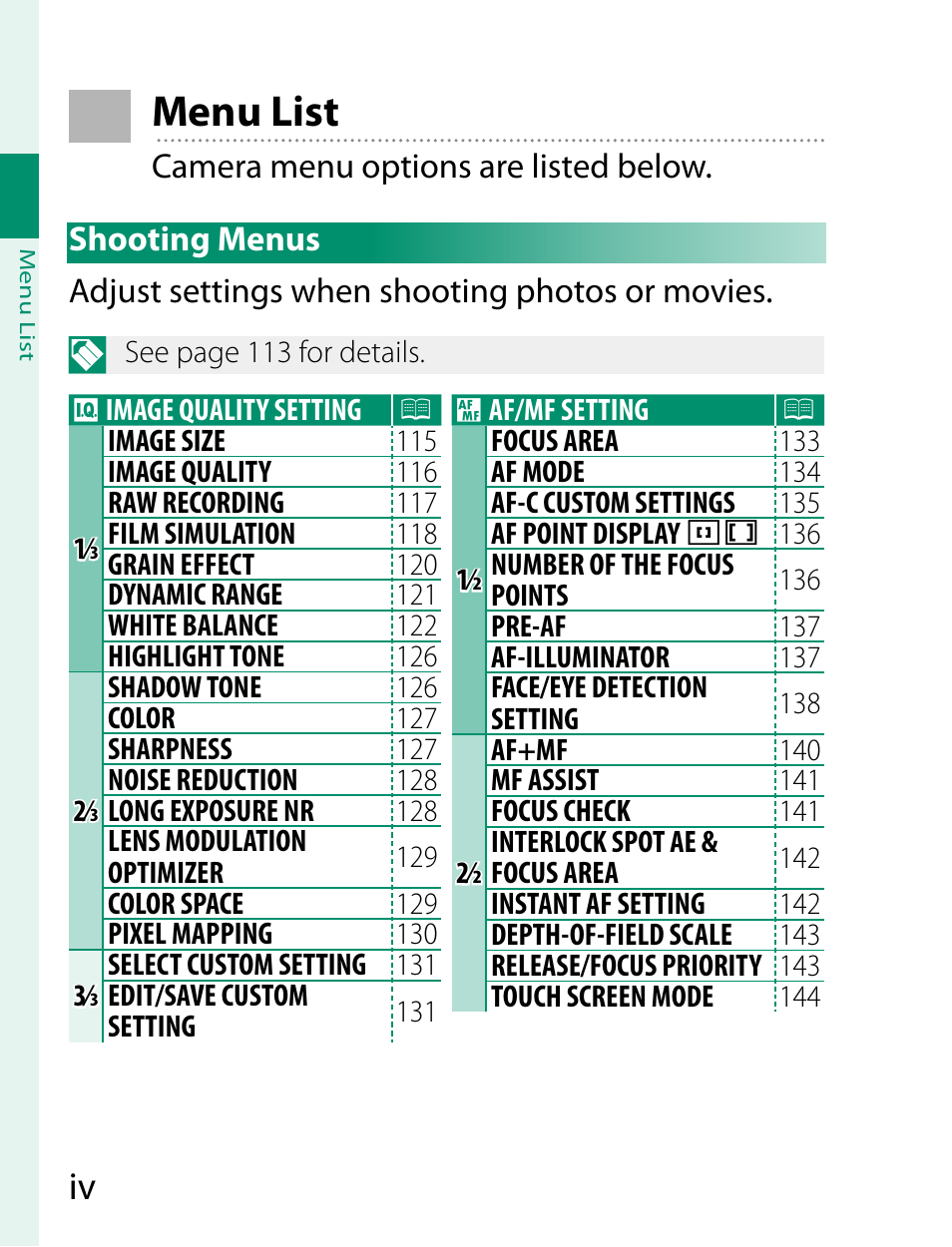 Menu list | FujiFilm X-T20 User Manual | Page 4 / 356