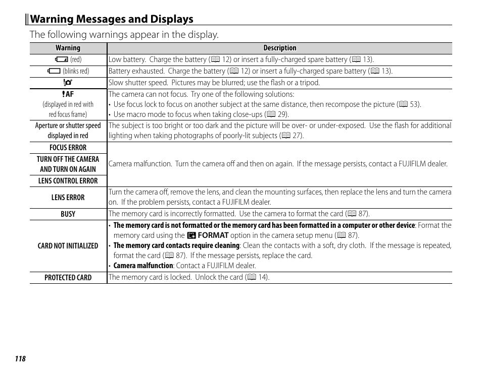Warning messages and displays, The following warnings appear in the display | FujiFilm X-M1 User Manual | Page 134 / 148