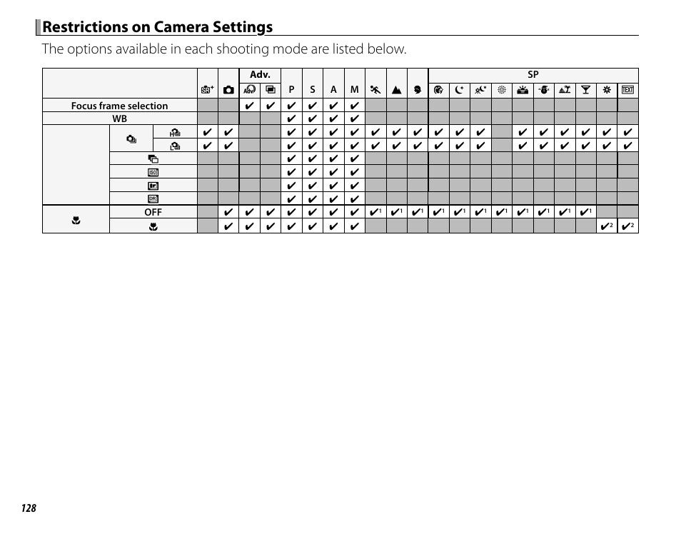 Restrictions on camera settings | FujiFilm X-M1 User Manual | Page 144 / 148