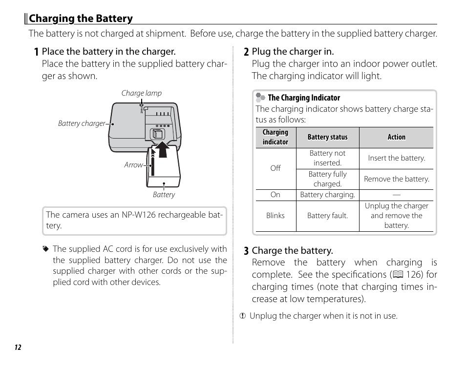 Charging the battery | FujiFilm X-M1 User Manual | Page 28 / 148