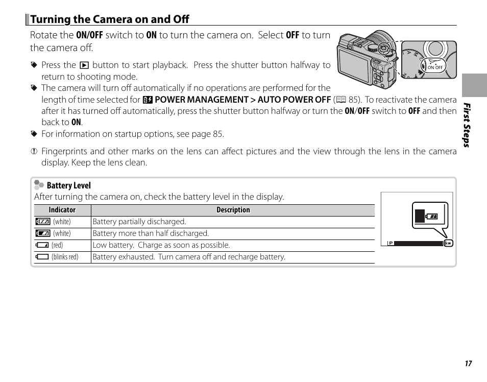 Turning the camera on and off | FujiFilm X-M1 User Manual | Page 33 / 148