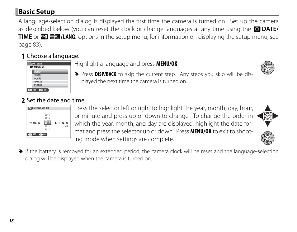 Basic setup, Choose a language, Highlight a language and press menu/ok | Set the date and time | FujiFilm X-M1 User Manual | Page 34 / 148