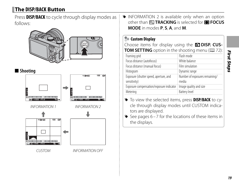 The disp/back disp/back button button, Fi rs t s te p s, Information 1 information 2 | Custom information off | FujiFilm X-M1 User Manual | Page 35 / 148