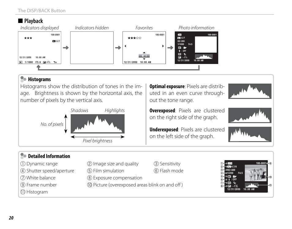 Playback, 20 the disp/back button, Shadows highlights no. of pixels pixel brightness | FujiFilm X-M1 User Manual | Page 36 / 148