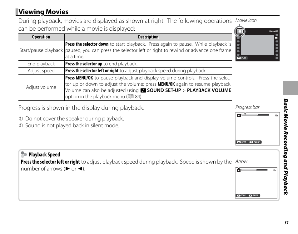 Viewing movies, Progress is shown in the display during playback | FujiFilm X-M1 User Manual | Page 47 / 148