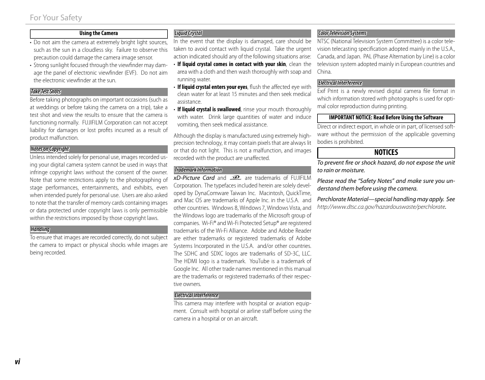 Vi for your safety, Notices | FujiFilm X-M1 User Manual | Page 6 / 148