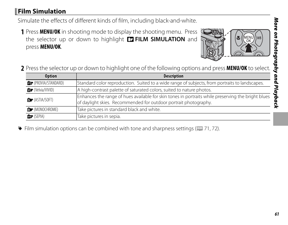 Film simulation | FujiFilm X-M1 User Manual | Page 77 / 148