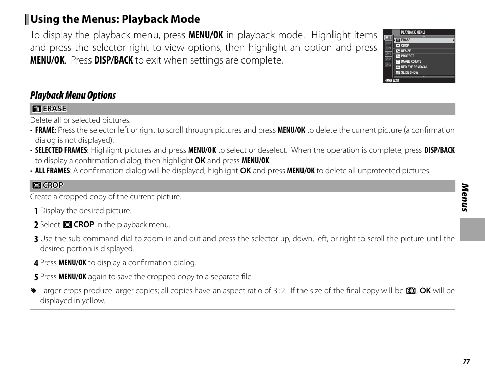 Using the menus: playback mode, Playback menu options | FujiFilm X-M1 User Manual | Page 93 / 148