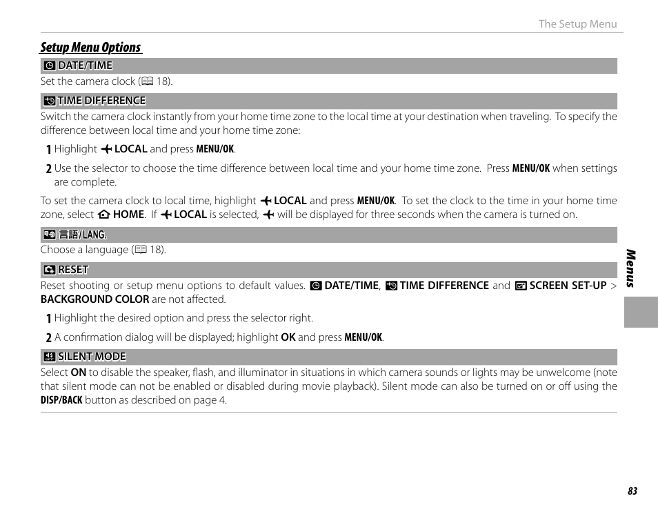 Setup menu options | FujiFilm X-M1 User Manual | Page 99 / 148