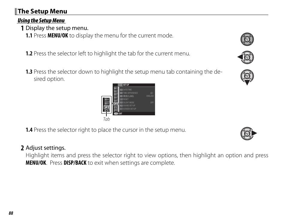 The setup menu, Using the setup menu | FujiFilm X-T1 User Manual | Page 104 / 152