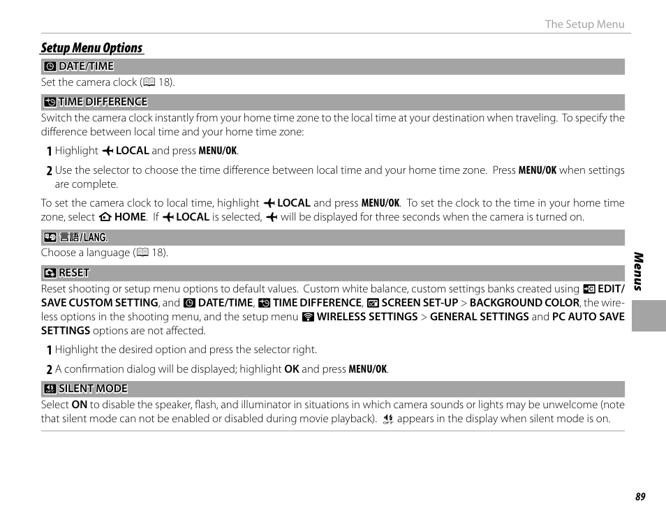 Setup menu options | FujiFilm X-T1 User Manual | Page 105 / 152