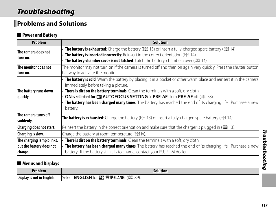 Troubleshooting, Problems and solutions | FujiFilm X-T1 User Manual | Page 133 / 152