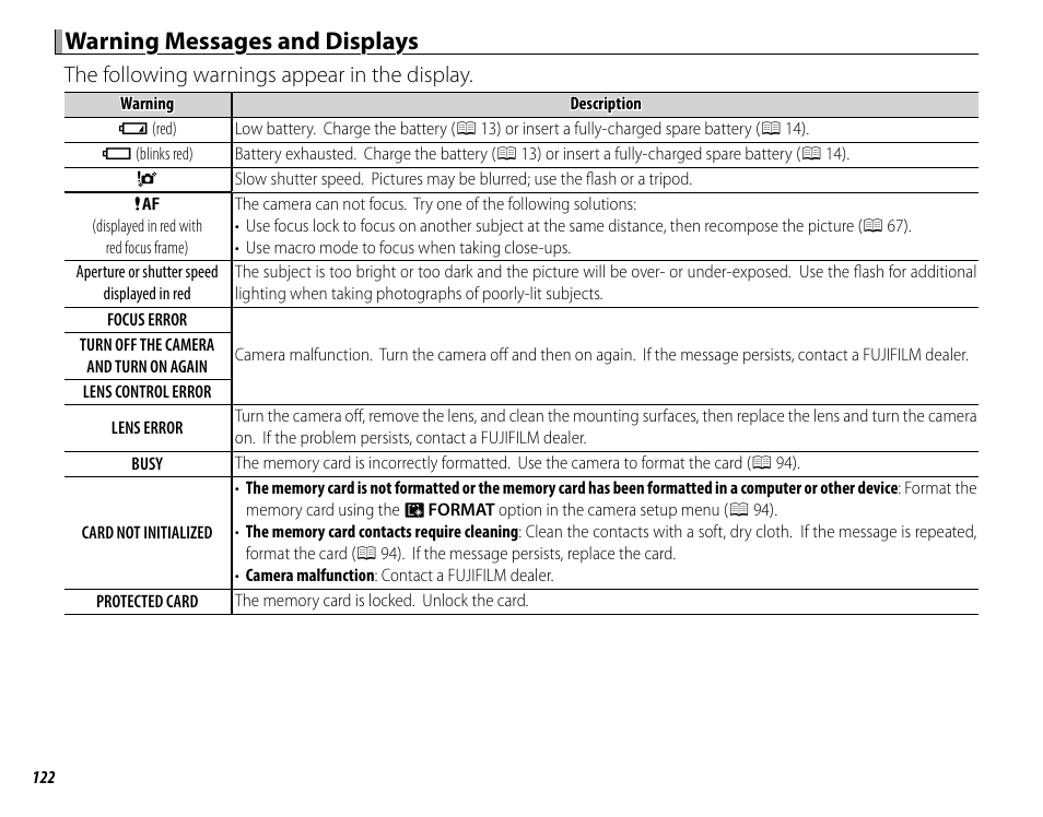 Warning messages and displays, The following warnings appear in the display | FujiFilm X-T1 User Manual | Page 138 / 152