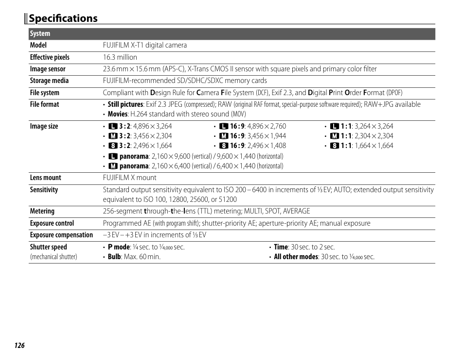 Specifi cations | FujiFilm X-T1 User Manual | Page 142 / 152