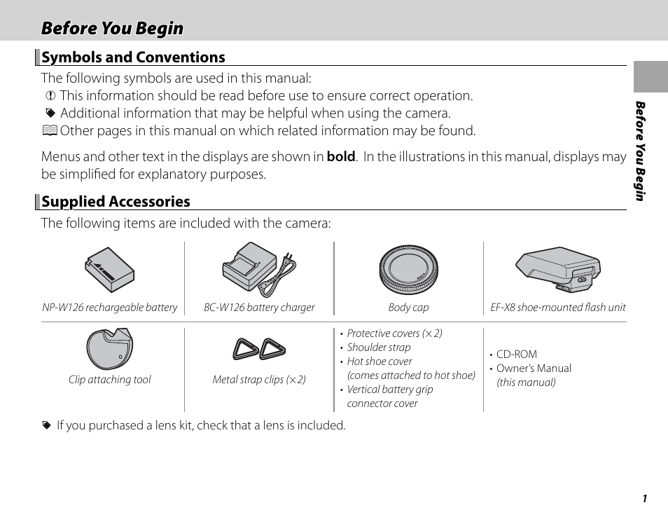 Before you begin, Symbols and conventions, Supplied accessories | FujiFilm X-T1 User Manual | Page 17 / 152