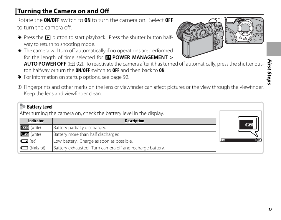 Turning the camera on and off | FujiFilm X-T1 User Manual | Page 33 / 152