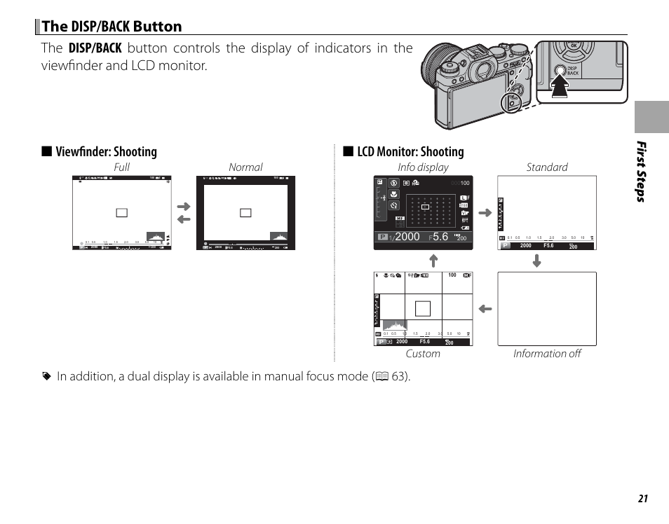 The disp/back disp/back button button, Lcd monitor: shooting, Fi rs t s te p s | Full normal, Info display standard, Custom information off | FujiFilm X-T1 User Manual | Page 37 / 152