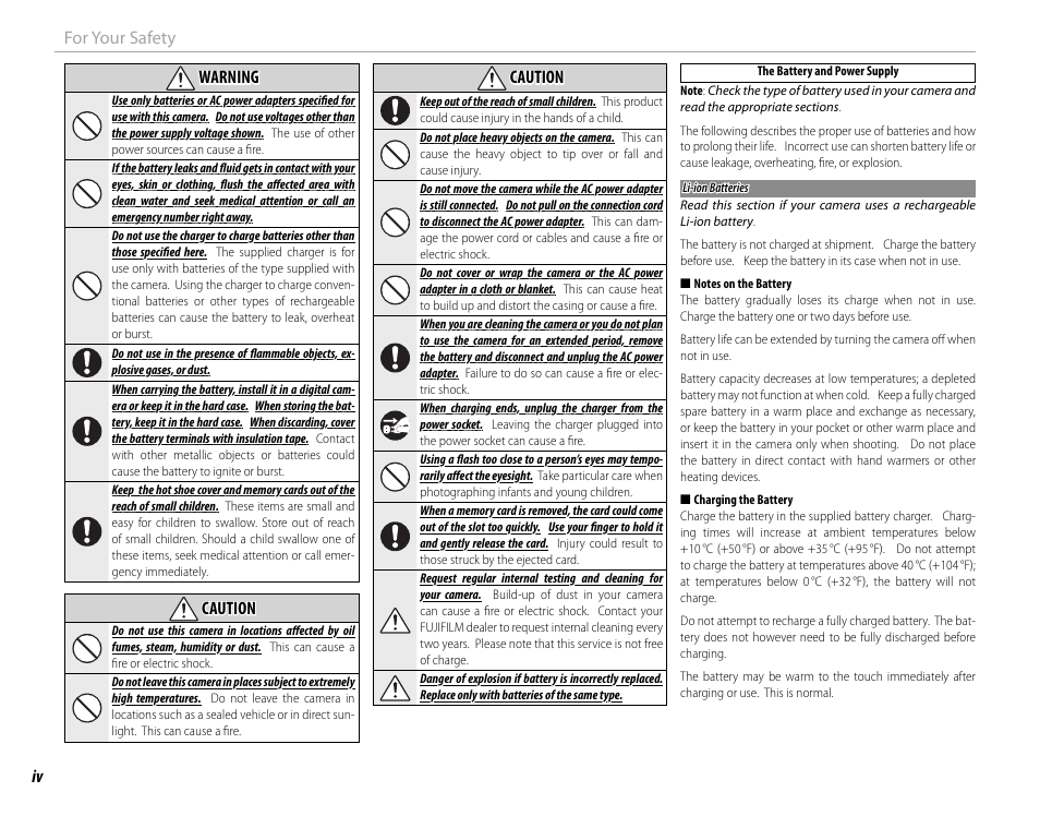 Iv for your safety warning warning, Caution caution | FujiFilm X-T1 User Manual | Page 4 / 152