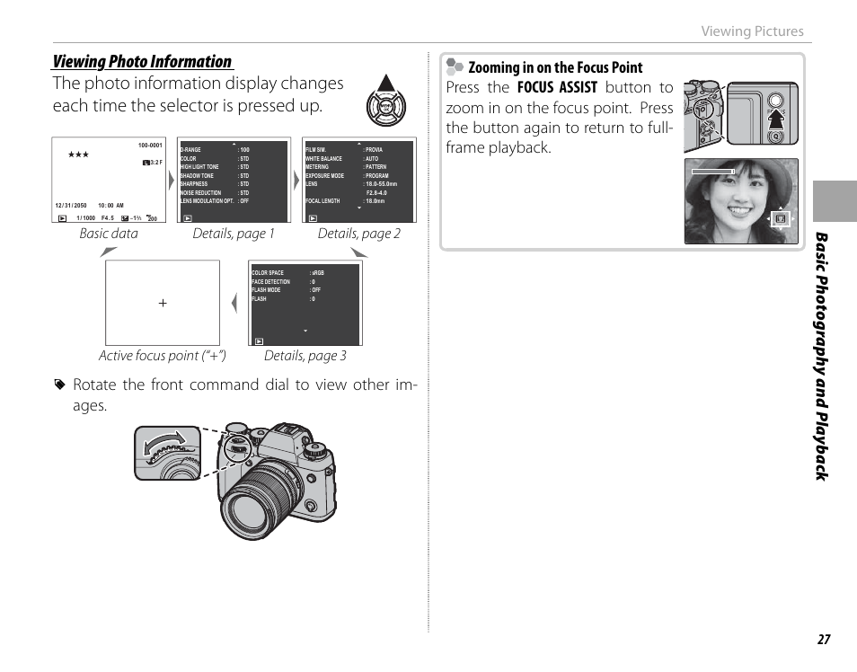 Viewing pictures, Basic data details, page 1 details, page 2, Active focus point (“+”) details, page 3 | FujiFilm X-T1 User Manual | Page 43 / 152