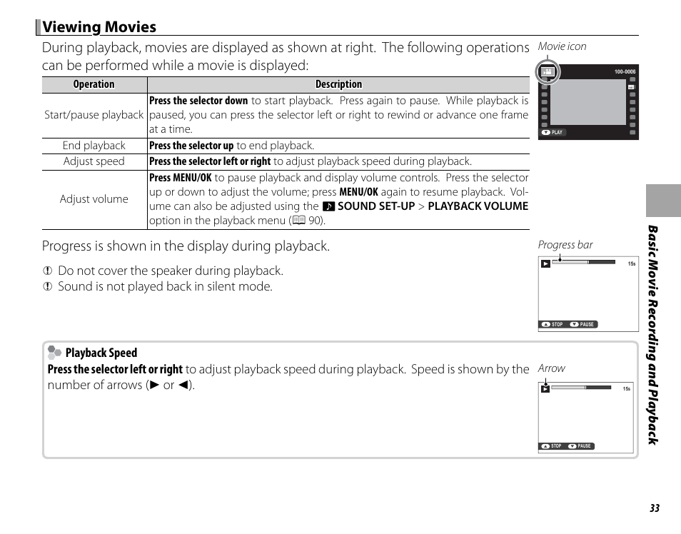 Viewing movies, Progress is shown in the display during playback | FujiFilm X-T1 User Manual | Page 49 / 152