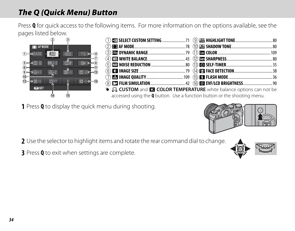 The q (quick menu) button | FujiFilm X-T1 User Manual | Page 50 / 152