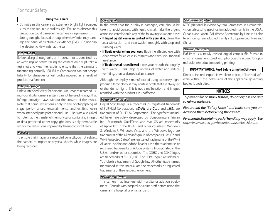 Vi for your safety, Notices | FujiFilm X-T1 User Manual | Page 6 / 152