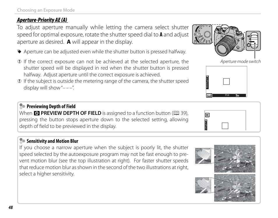 48 choosing an exposure mode, Aperture mode switch | FujiFilm X-T1 User Manual | Page 64 / 152