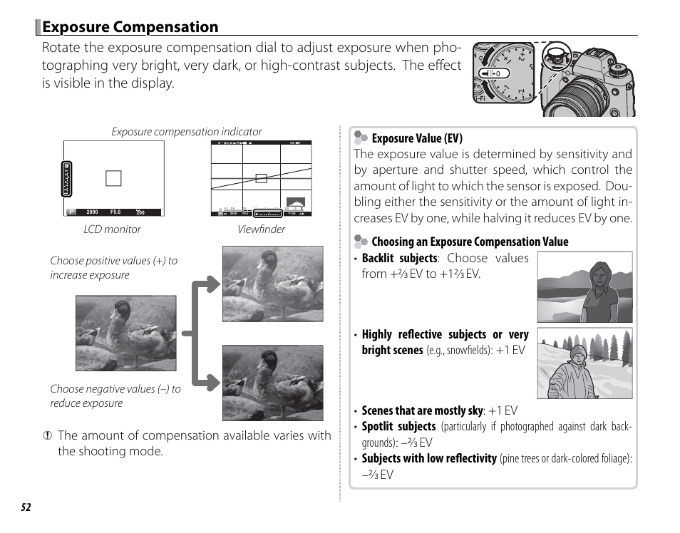 Exposure compensation, 3 ev to +12, 3 ev | Exposure compensation indicator | FujiFilm X-T1 User Manual | Page 68 / 152