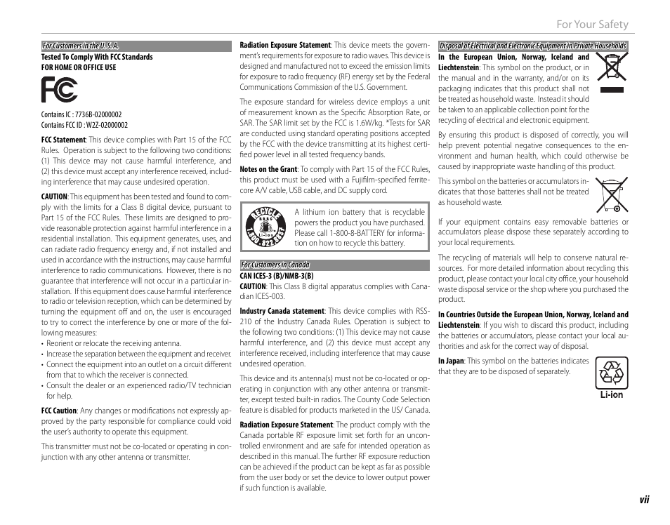 Vii for your safety | FujiFilm X-T1 User Manual | Page 7 / 152