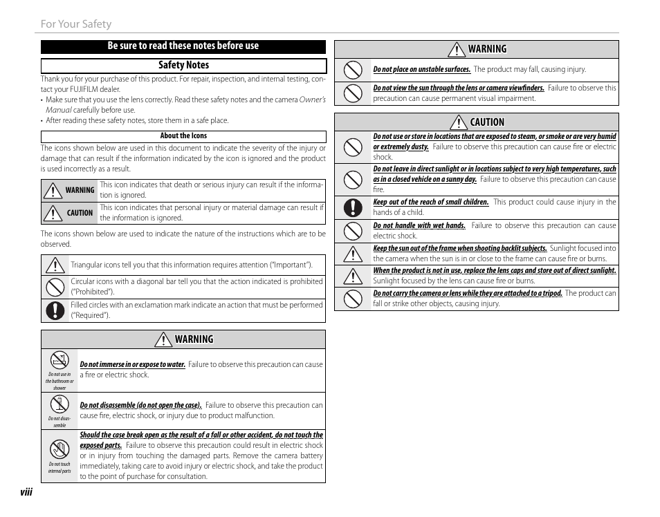 Warning warning, Caution caution | FujiFilm X-T1 User Manual | Page 8 / 152