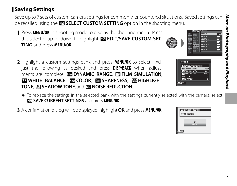 Saving settings | FujiFilm X-T1 User Manual | Page 87 / 152