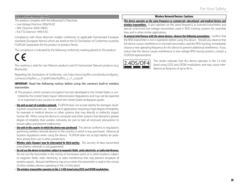 4ds/of4, Ix for your safety | FujiFilm X-T1 User Manual | Page 9 / 152