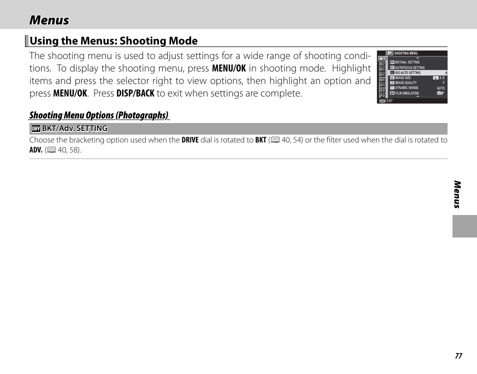 Menus, Using the menus: shooting mode, Shooting menu options (photographs) | Men u s | FujiFilm X-T1 User Manual | Page 93 / 152