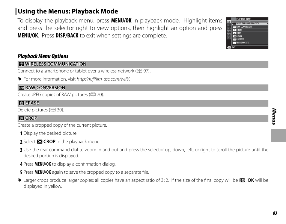 Using the menus: playback mode, Playback menu options | FujiFilm X-T1 User Manual | Page 99 / 152