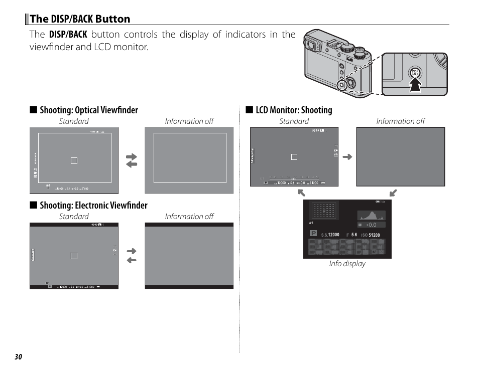 The disp/back disp/back button button, Shooting: electronic viewfi nder, Lcd monitor: shooting | FujiFilm X100F User Manual | Page 46 / 188