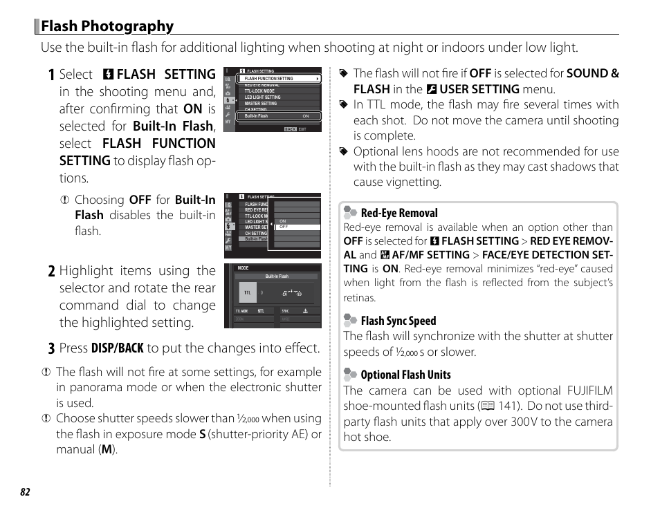 Flash photography, Press disp/back to put the changes into eff ect | FujiFilm X100F User Manual | Page 98 / 188