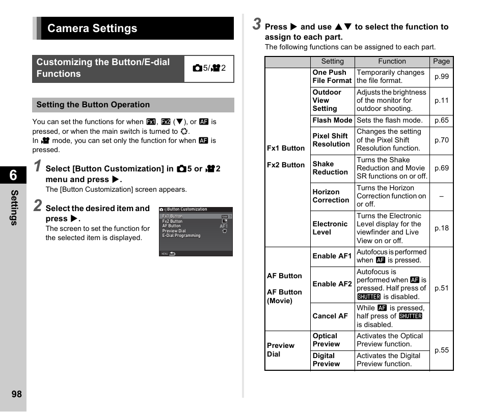 Changing the settings, Camera settings, Customizing the button/e-dial functions | Settings, P.98, P.98) | Ricoh Pentax К-1 User Manual | Page 100 / 140